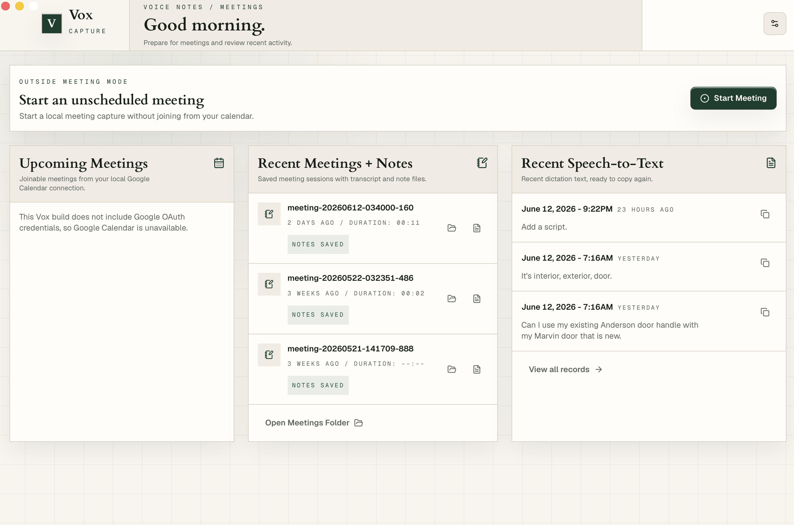 Vox app showing quick capture, meeting recording, upcoming meetings, and recent notes.